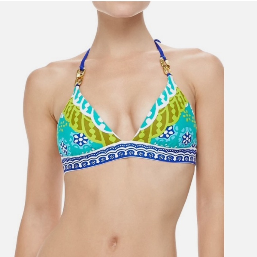 Trina Turk Seychelles Triangle Teal Green  Tropical Padded Bikini Top M/L